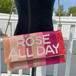 "Rose All Day" Ombré Beaded Wine Lover Purse Gold Chain Strap Clutch NEW